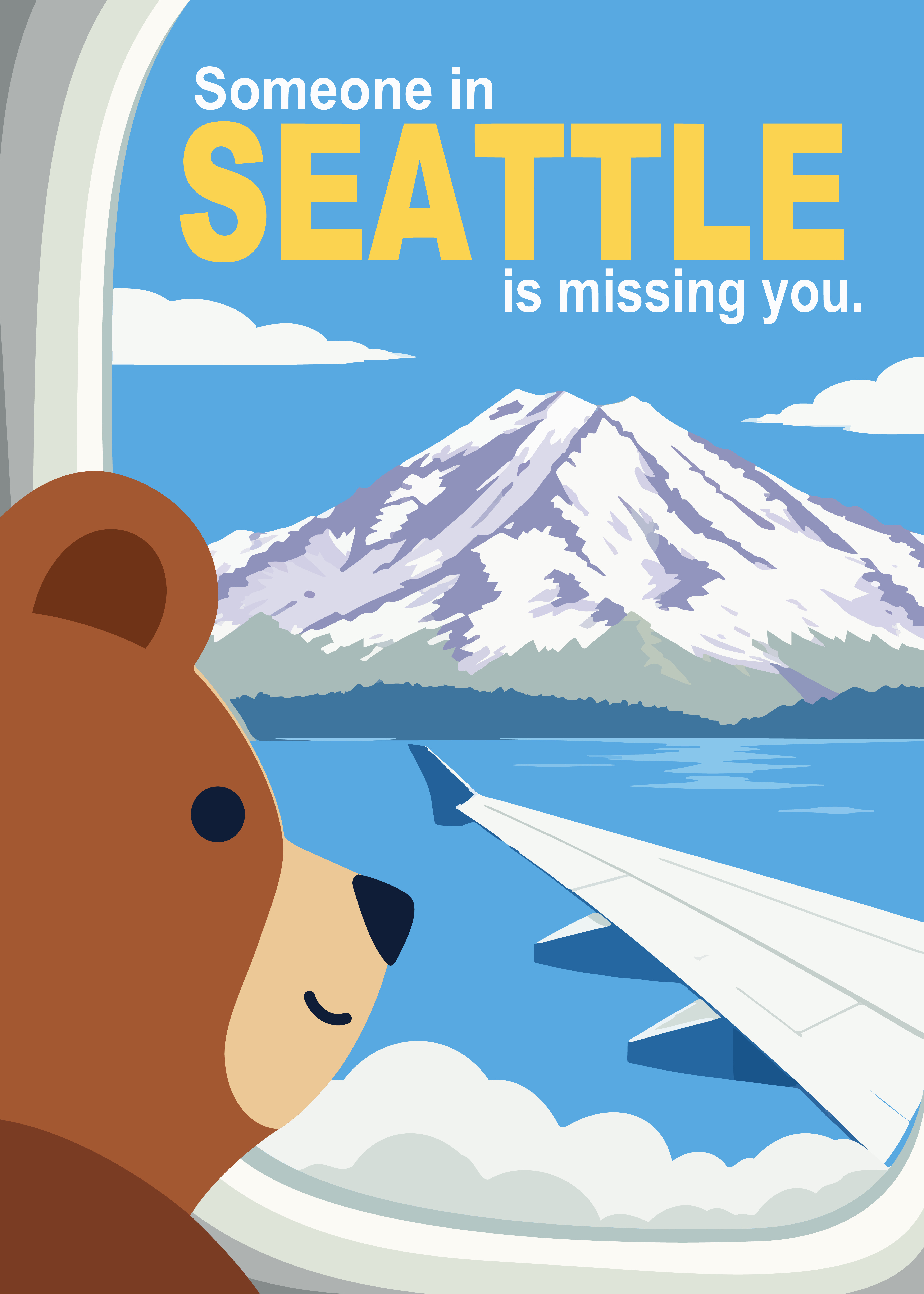 小熊从飞机舷窗望向雪山,配文说西雅图有人想念你。 A bear looks through an airplane window at a snowy mountain; the caption says someone in Seattle is missing you.
