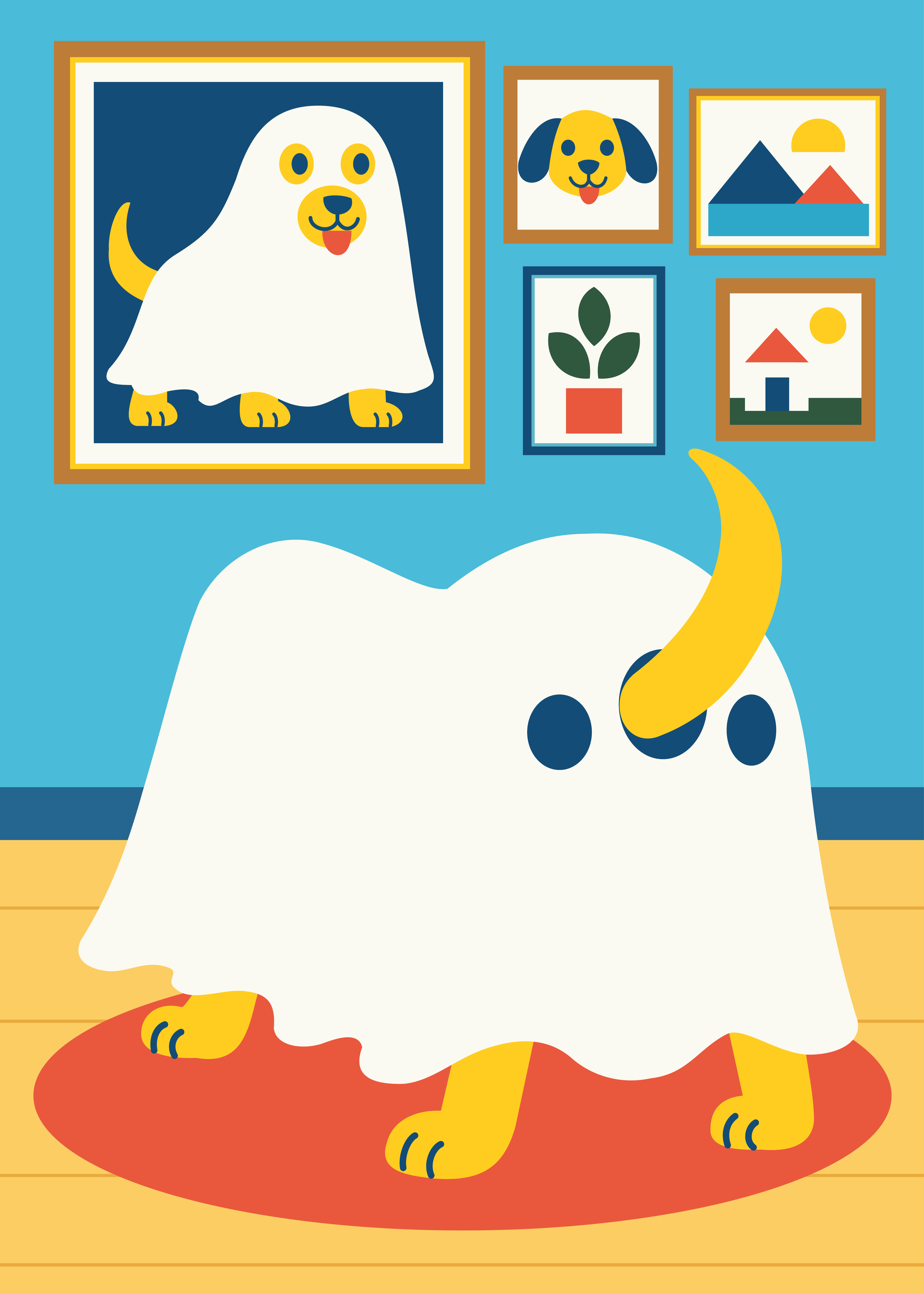 披着白布的小狗站在画廊里,望着同样装扮的狗画像。 A dog dressed as a ghost looks at a matching portrait in a gallery.