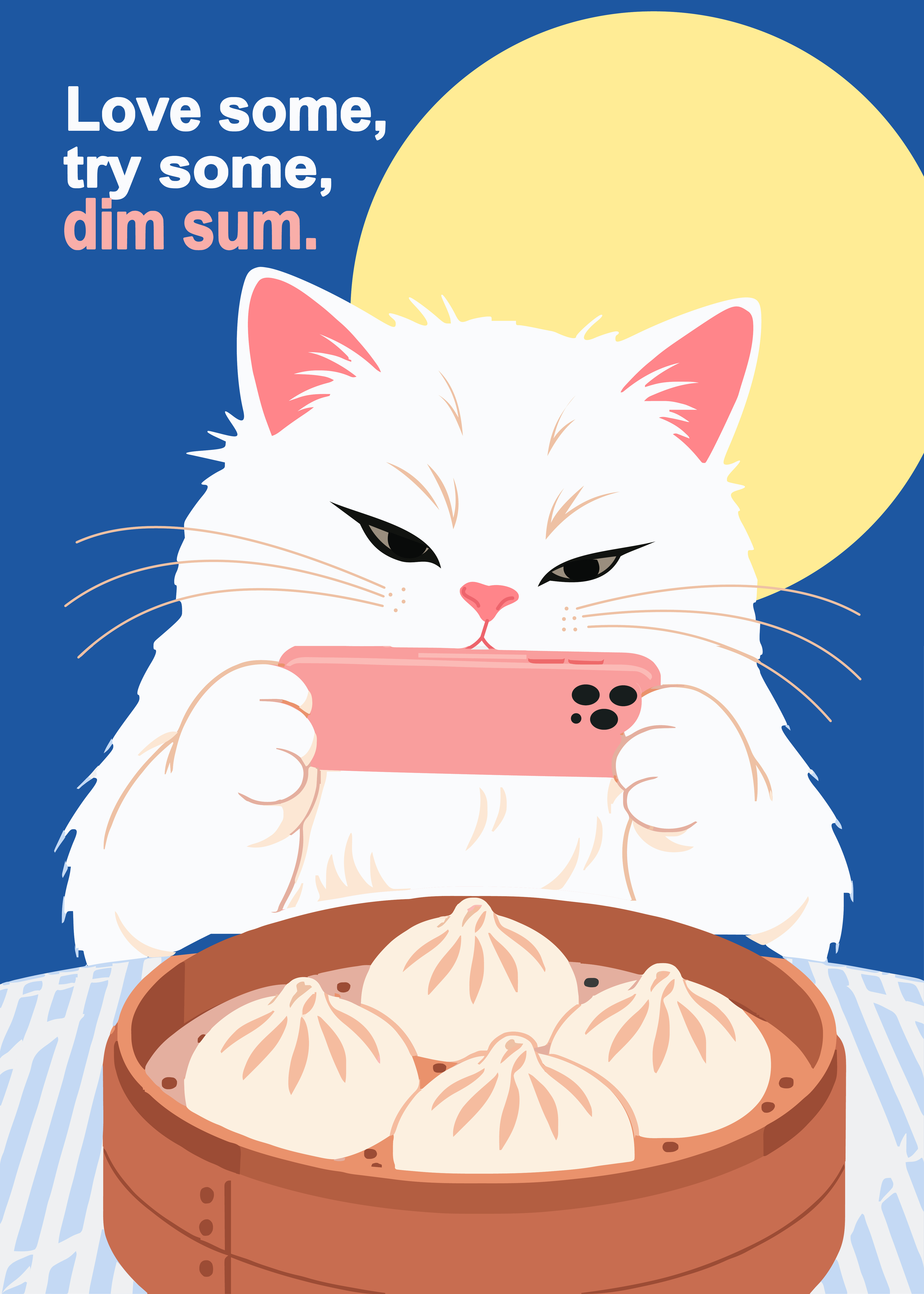 白猫举着手机拍摄一笼点心。 A white cat photographs a basket of dim sum.