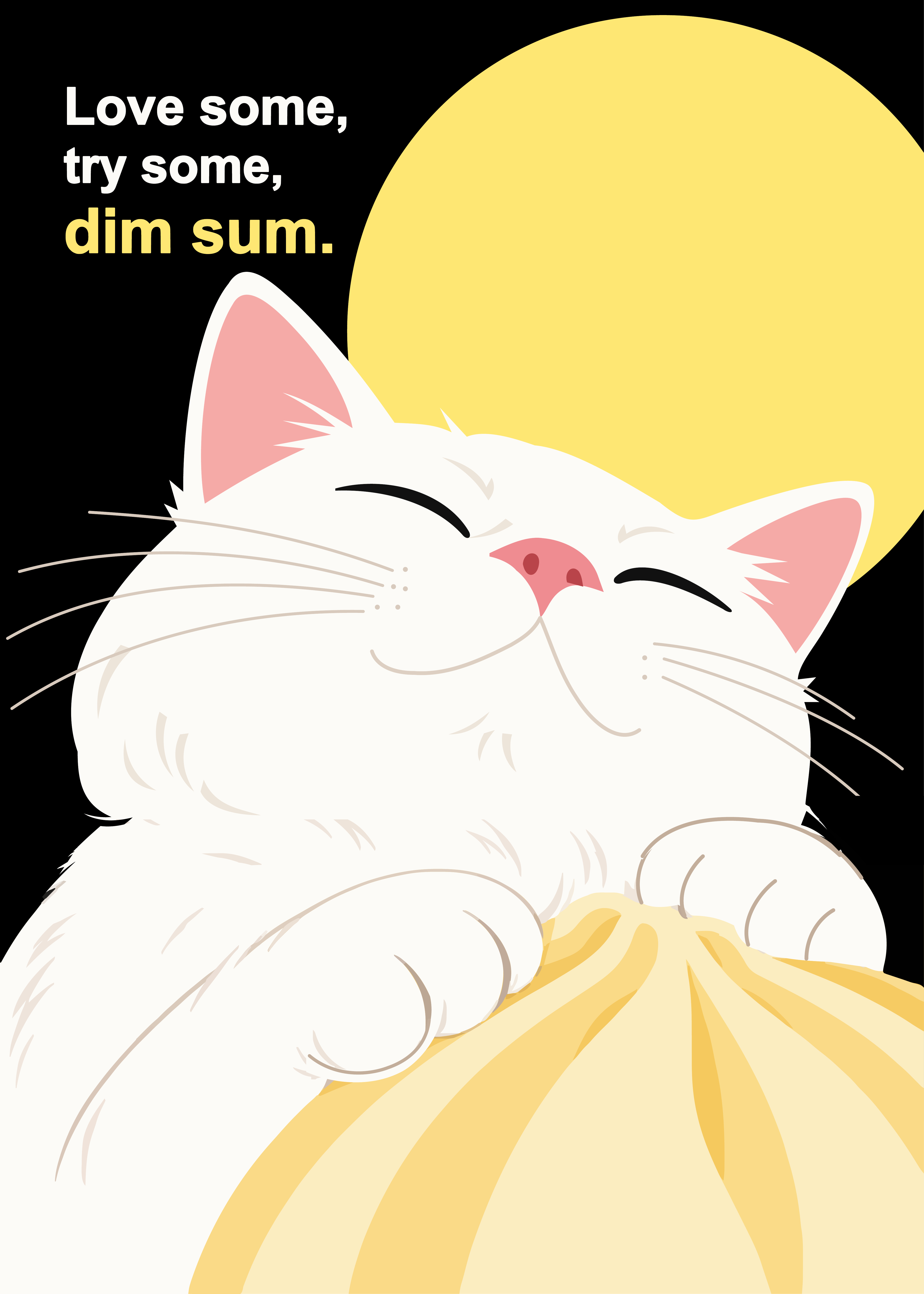 闭眼微笑的白猫抱着巨大的点心。 A smiling white cat with closed eyes holds an enormous dumpling.