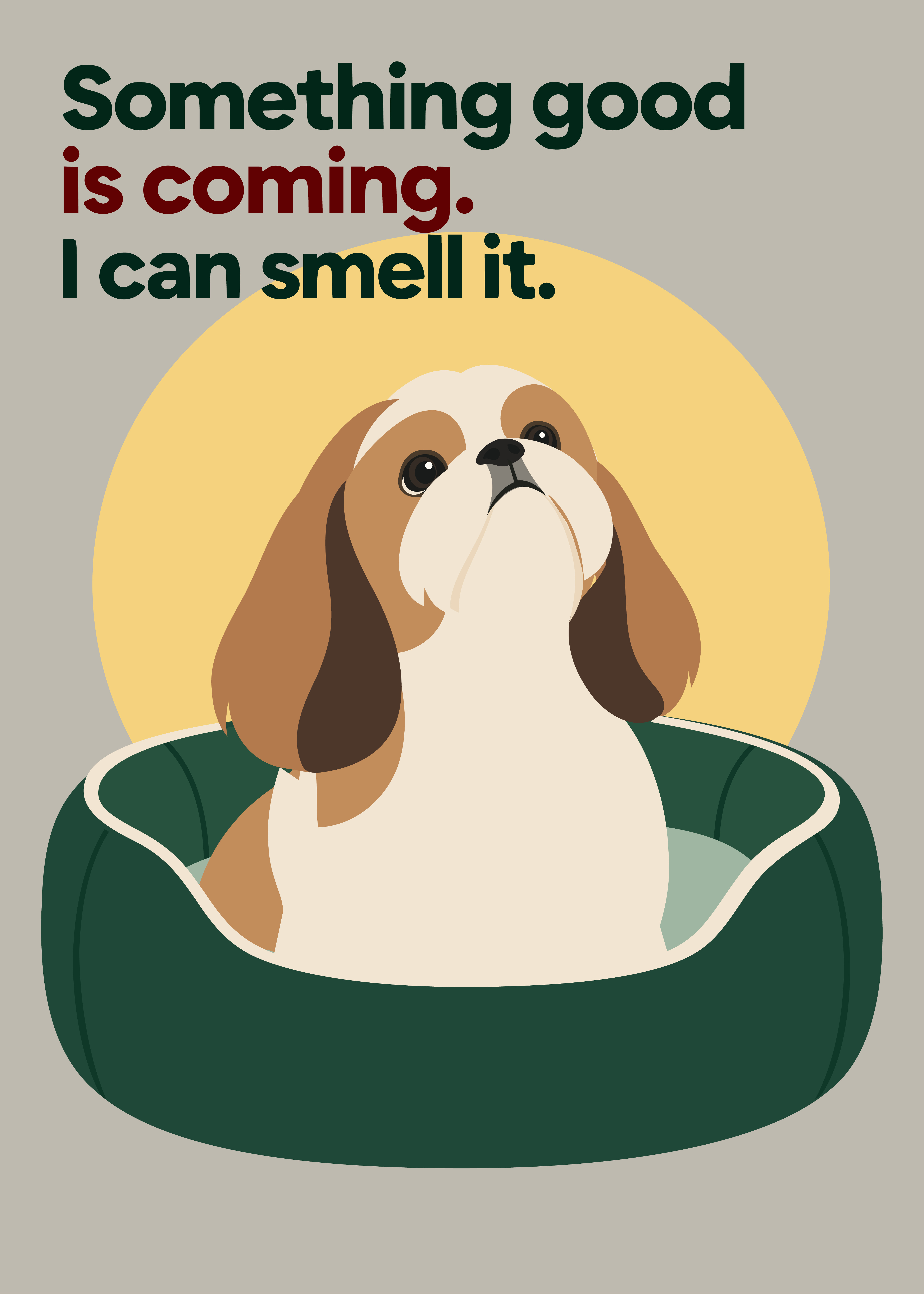 小狗坐在绿色窝里抬头嗅闻,期待好事到来。 A dog in a green bed lifts its nose, anticipating something good.