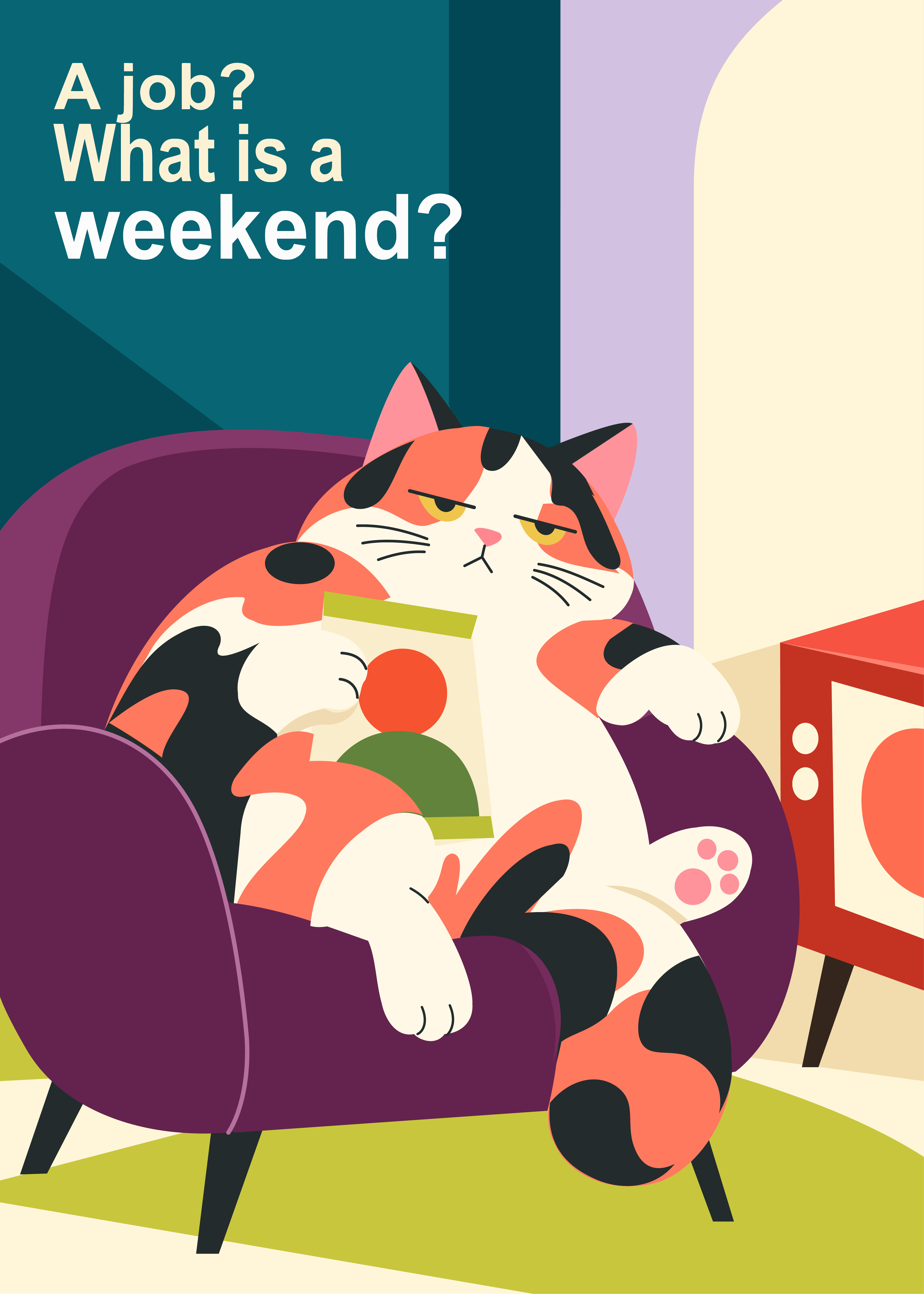三花猫倚在扶手椅上,拿着零食。 A calico cat lounges in an armchair with a bag of snacks.