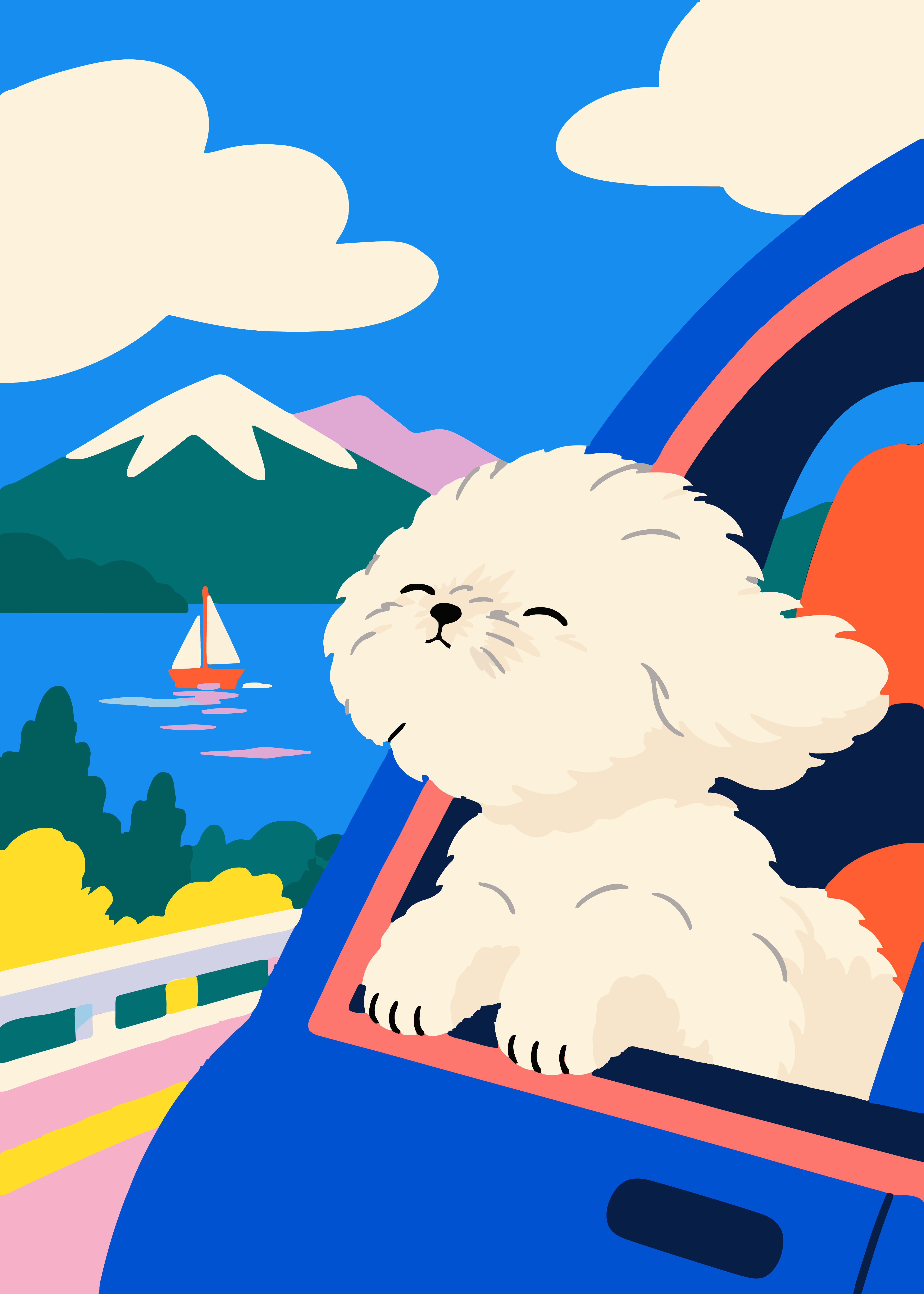 白色小狗探出车窗,远处是湖水、帆船与群山。 A white dog leans out of a car window beside a lake, a sailboat, and mountains.
