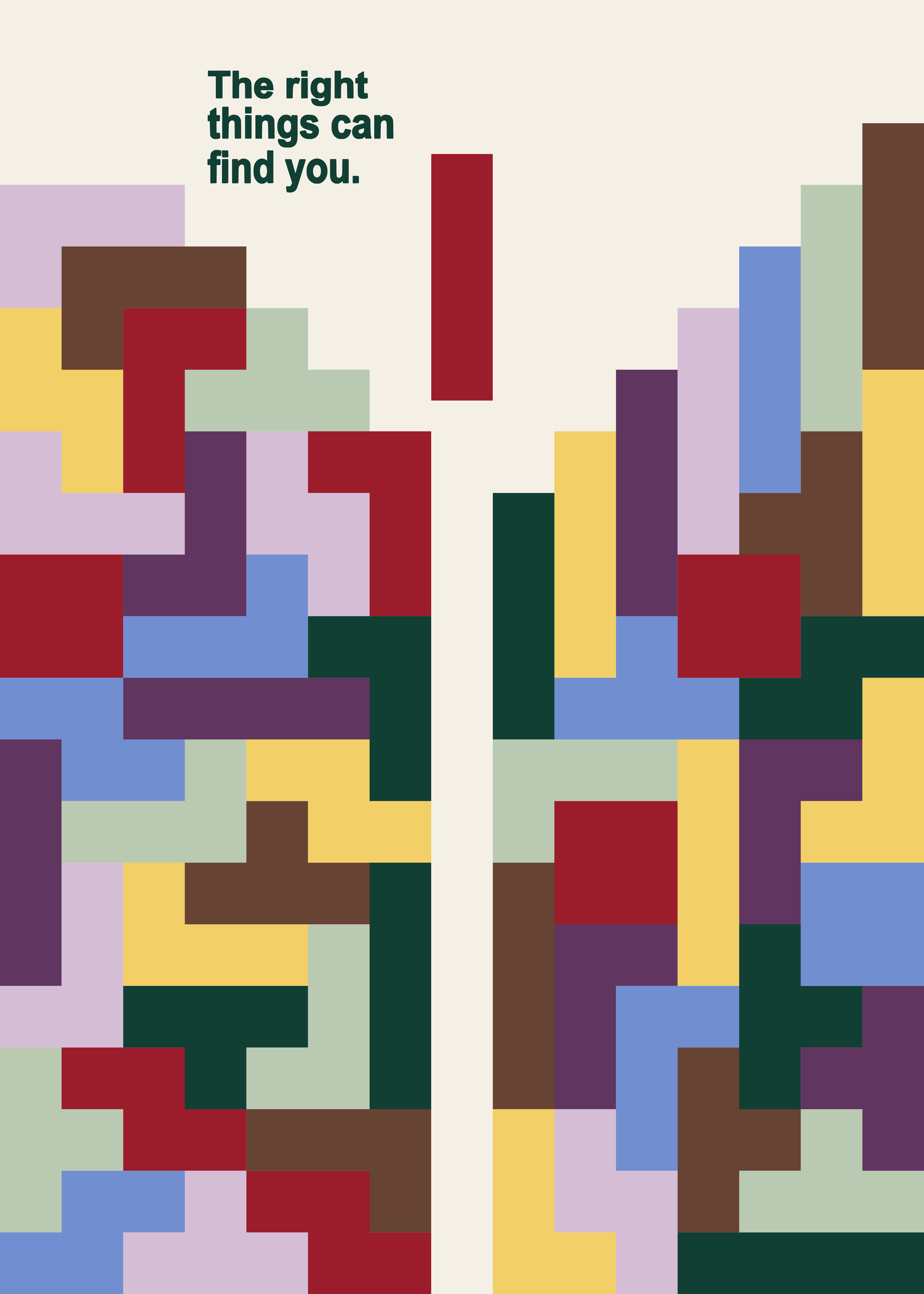 彩色拼块围出中央空隙,一条红色拼块正在落下。 Colorful interlocking pieces frame an opening for a falling red piece.