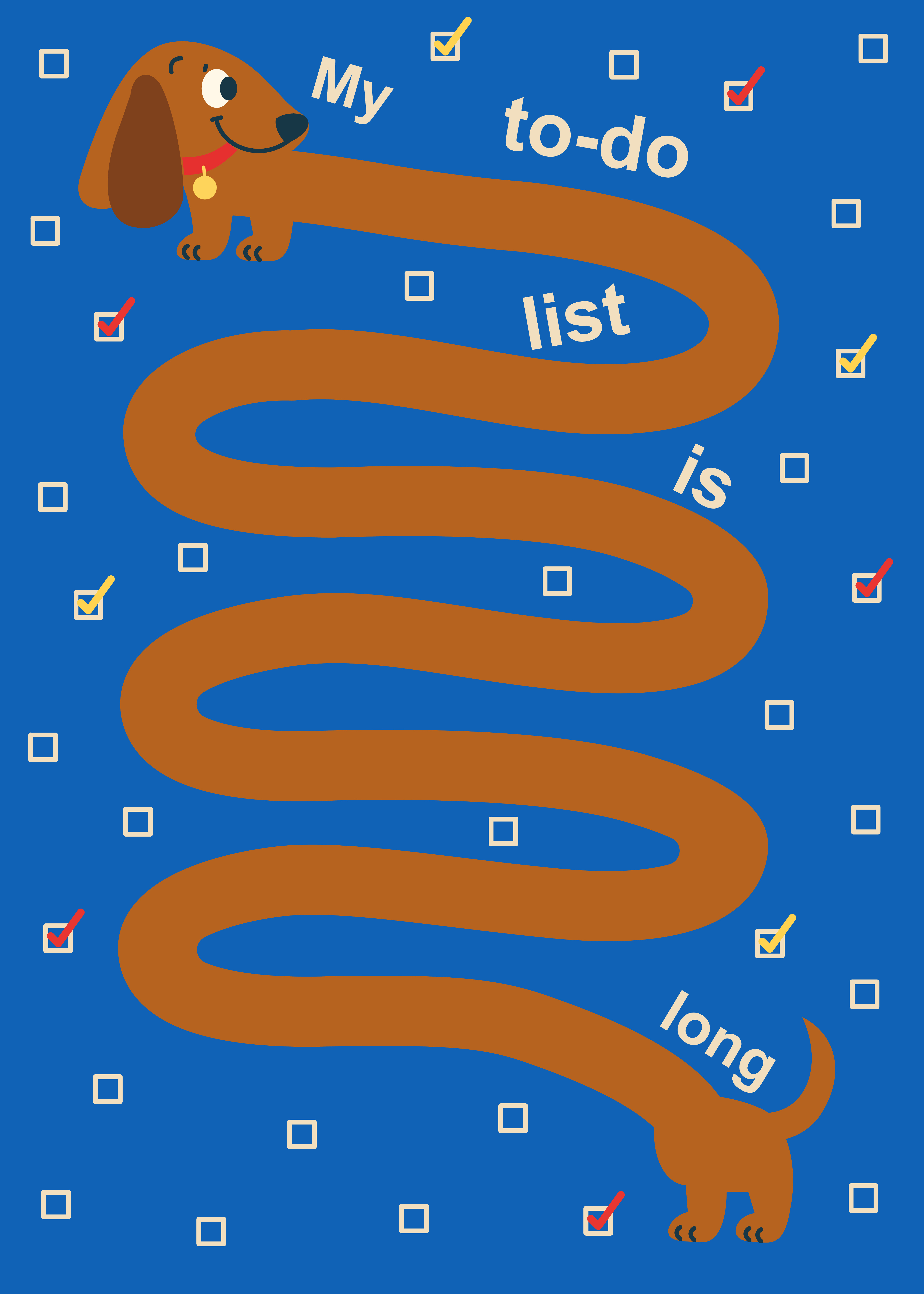 一只长长的腊肠狗与待办清单的勾选框。 An extraordinarily long dachshund winds among to-do-list checkboxes.