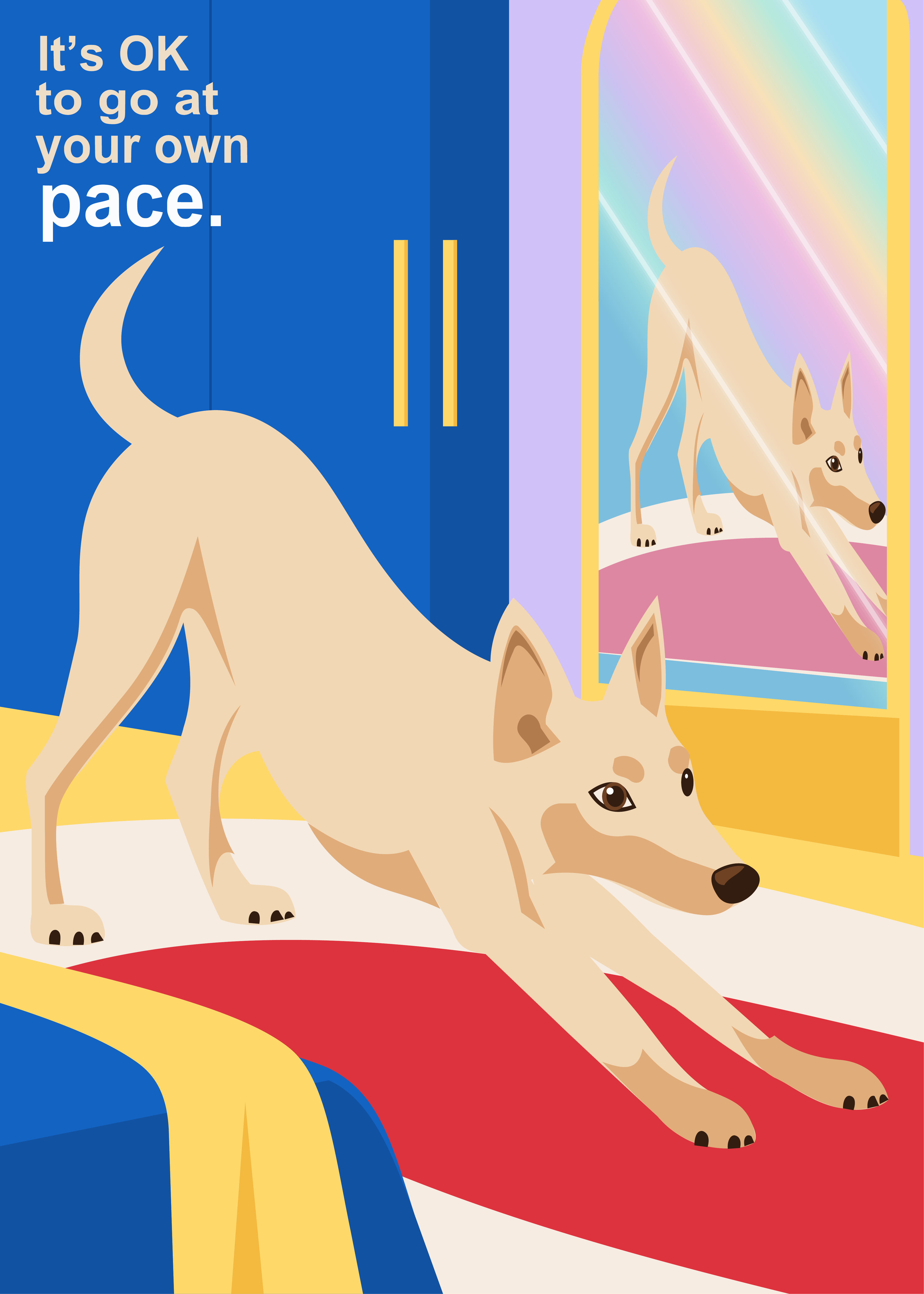 狗在镜子前做下犬式,配文鼓励按自己的节奏前进。 A dog practices downward-facing dog; the caption encourages moving at your own pace.